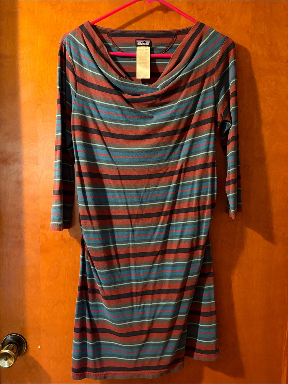 Patagonia Women's Striped Long-Sleeve Cowl Neck Dress in Teal and Rust S
